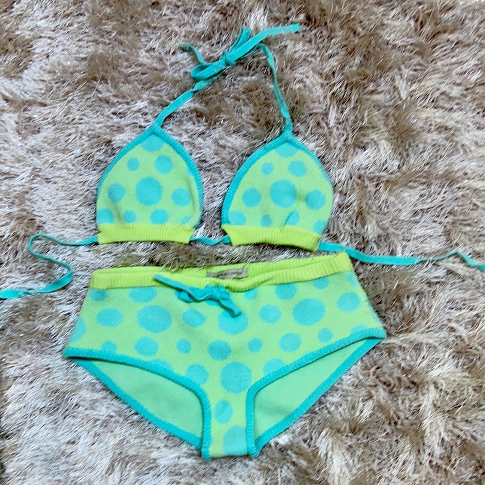 Ashley Paige 🔥 RARE knit polka dot bikini large green blue